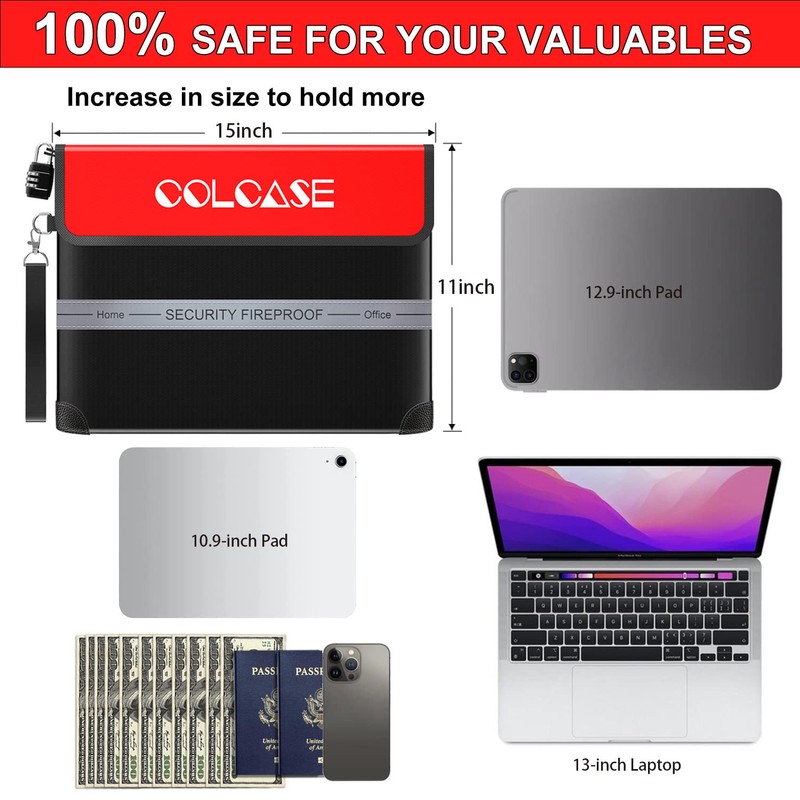 COLCASE Fireproof Document Bag with Lock 5200℉ Heat Insulated Waterproof