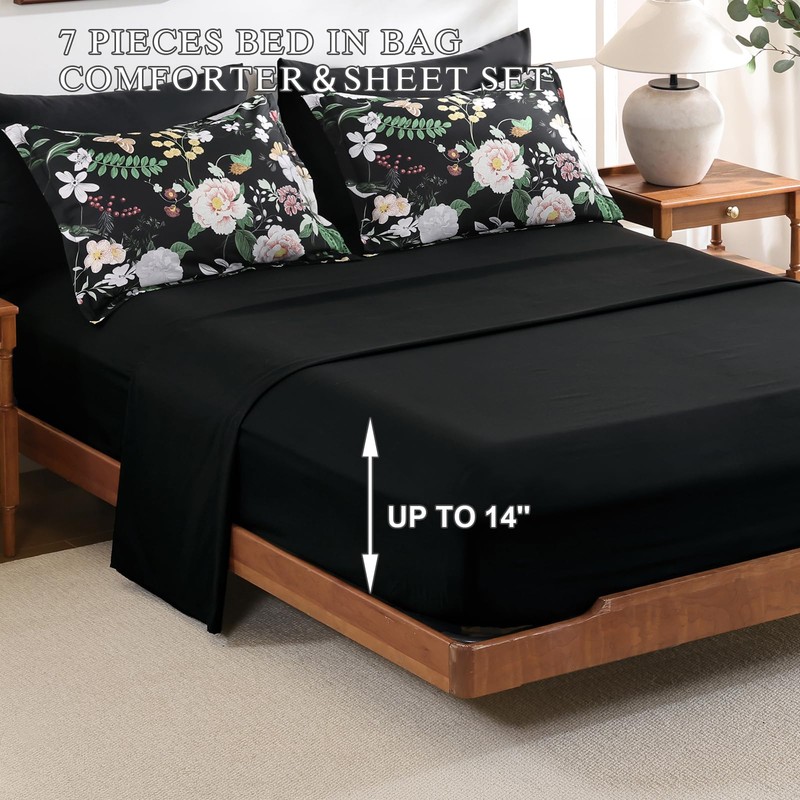 Anibedding 7Pieces Floral Queen Size Comforter Set, Garden Plant Flower