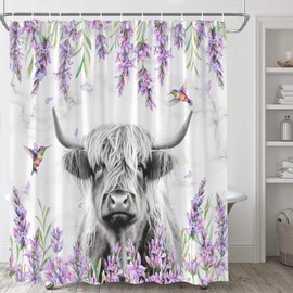 Rustic Highland Cow Shower Curtain Spring Purple Lavender Flowers Floral Hummingbird Farmhouse Grey Cattle Bull Western Country Animal Valentine's Day Theme Bathroom Decor Fabric Curtain with Hooks