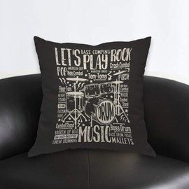 AOYEGO Music Rock Drums Throw Pillow Cover Let's Play Rock Pop Silhouette Graphic Studio Monochrome Pillow Case 18x18 Inch Decorative Men Women Room Cushion Cover for Home Couch Bed
