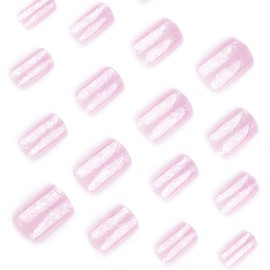 24 Pcs Pink Press on Nails Short Square Nail Tips,YEFIUO Summer Glitter French Acrylic Cute Fake Nails Press ons with Glossy Design Glue on Nails Full Cover Reusable False Nails Art Kit for Ma'am