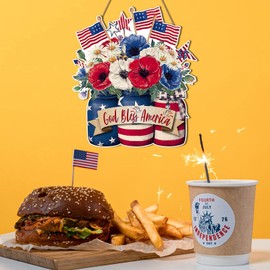 4th of july Decoration Wooden Mason Jar Welcome Door Sign Patriotic Wall Decor Red White Blue Wreath American Flag Hanging Sign Independence Day Decor for Door Porch Wall Memorial Day Home