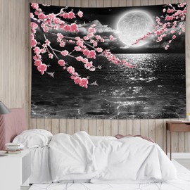 LB Pink Cherry Blossom Tapestry Full Moon with Grey Cloud in Night Sky Wall Tapestry Black Ocean Scenery Tapestries for Bedroom Living Room Dorm Wall Decor,60x40 inches