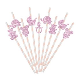 10 x Pink Glitter Babyshower Straws – Handmade Bears, Prams, Dummy & Elephant Party Decor