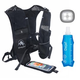 Running Vest for Women Men, Lightweight (8 Bags) Hydration Backpack Phone Holder Vest with Lights for Hiking Trail Cycling Race Marathon Running Essentials (Black+Lights+Bottle, Adjustable)