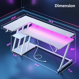 Korfile 55 Inch White Gaming Desk with Power Outlet & LED Lights, L Shaped Computer Desk Gaming with 3 Tiers Storage Shelves, Reversible Corner Desk with Monitor Stand for Bedroom