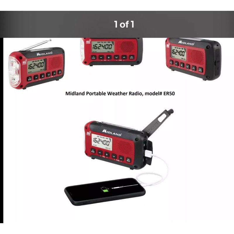 Midland Emergency Alert Weather Radio Portable W/Flashlight, Black Red ER50