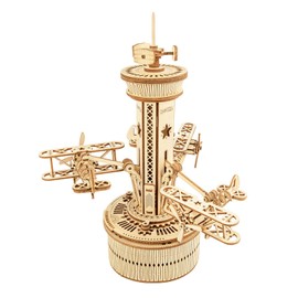ROKR 3D Wooden Puzzle for Adults Airplane Tower Music Box - DIY Mechanical Model Building Kit 10", Gifts for Boys/Girls/Parents/Family