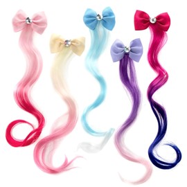 5 Set Hair Extensions Clip - Colored Curly Hair Extensions Clips, Cute Unicorn Accessories Hair Extensions for Kids Ponytails Girls, Rainbow Thick Wig Clip in Fake Bangs (Curly Hair 03)