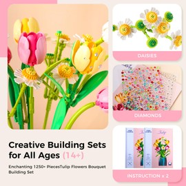 Flowers Bouquet Building Set with Tulips Daisies Artificial Flower with Vase Botanical Collection for Home or Office Decor, Gifts for Valentine Mother's Day Birthday Anniversary Christmas (1250 PCS)