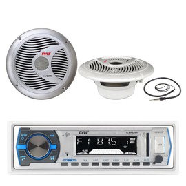 Jensen Pyle Bluetooth Marine Receiver, 2x 6.5" 150 Watt Silver Boat Speakers, Antenna