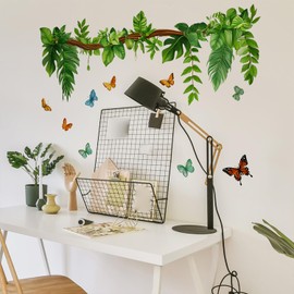 Green Plants Leaves Wall Decals Removable Hanging Vines Butterfly Peel and Stick Wall Stickers Vinyl Waterproof Wall Decor for Bedroom Living Room Bathroom Classroom Decorations