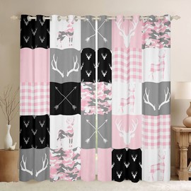 Deer Silhouette Window Curtains,Camo Western Rustic Farmhouse Xmas Window Drapes for Kids Teens Home Decor,Antlers Arrow Geometric Pink Sweet Window Treatments Grommet Top 2 Panel Set,42Wx84L inch