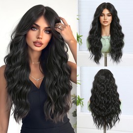Geogroket Long Wavy Wig for Women Middle Part Wavy Charming Hair Realistic Natural Looking Synthetic Heat Resistant Black Wigs for Girls Daily Party Use 24 Inch
