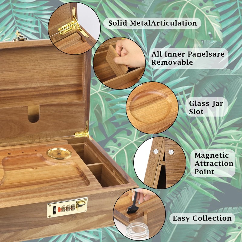 TMKEFFC Large Wooden Box with Combination Lock,Humidity Meter,Removable Tray,10 Light-safe