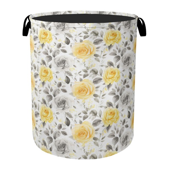 Yellow Gray Flowers Large Clothes Hamper Bag - Laundry Basket