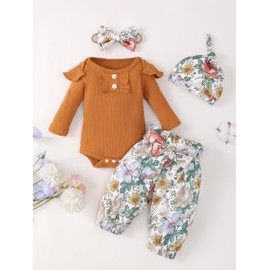 Cemion Newborn Girls Outfits 0-3 Months Ribbed Knit Romper Floral Pants Set with Headband Soft Baby Clothes (Orange-Brown)