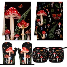 Bencailor 6 Pcs Summer Kitchen Towels Oven Mitts and Pot Holders, Decorative Dish Towels Tea Towels Non Slip Heat Resistant Oven Gloves for Home Cooking Dish Baking BBQ(Lively Color,Mushroom)