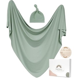 Baby Swaddle Receiving Blankets with Matching Beanie Set Newborn Nursery Swaddle Wrap for Baby Girls and Boys (Green)