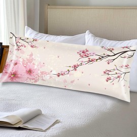Silk Satin Body Pillow Cover for Hair and Skin,Cherry Blossom Long Pillow Case Protector with Envelope Closure,Flower Pillow Covers Pink Decorative Bed Cushion Covers Cases for Sleep,Couch,20"x54"