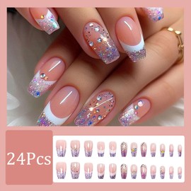 24Pcs Rhinestone French Tip Press On Nails Medium Square Fake Nails Pink Glitter Sequins Sparkly False Nails Laser Glitter Glue on Nails Rhinestone White French Stick on Nails Full Cover Acrylic Nail