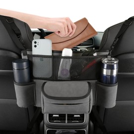 Sancaral Leather Car Seat Organizer for Handbag/Purse – Fits Between Front Seats, Holds Wallet, Phone & Essentials. Grey