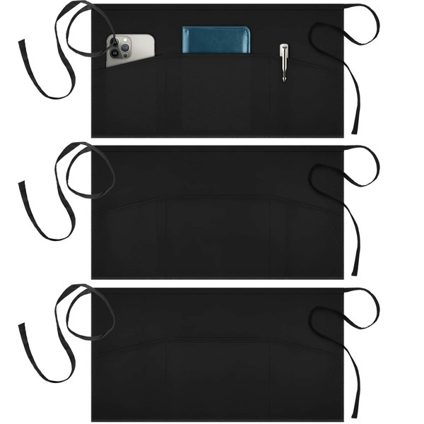 Syntus 3 Pack Server Aprons with 3 Pockets, 100% Cotton