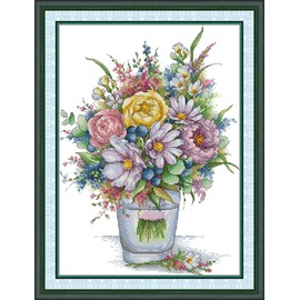 IUHUI 14 Count Stamped Cross Stitch Kits for Beginners Adults, Multicoloured Flower Bouquets Pre-Printed DIY 14ct Embroidery Sewing Starter Kit Needlework Easy Patterns