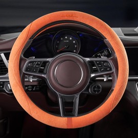OURTIME Faux Suede Car Steering Wheel Cover, Universal 15 inch,Non-Slip,Comfortable,Soft,Microfiber Breathable Suede Fabric,Warm in Winter and Cool in Summer (Orange)