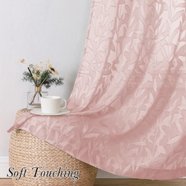 Lecloud Leia Clip Leaf Pink Sheer Curtains 63 Inch Length 2 Panels, Dual Rod Pockets Light Filtering Voile Blush Curtain for Living Room Bedroom, Farmhouse Jacquard Textured Short Drapes, 38W x 63L