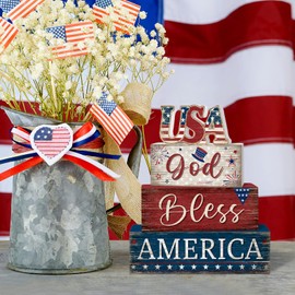 Britimes 4 Pcs Patriotic Tiered Tray Decor Set, 4th of July Table Sign Farmhouse Red White Blue Rustic Wooden Block Stack Sign Memorial Day Decorations for Home Fireplace Mantel (Independence Day USA)