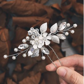 Heread Flower Bride Wedding Hair Pins Silver Leaf Crystal Bridal Hair Accessories Pearl Head Piece for Women and Girls