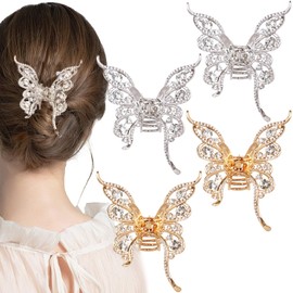 4PCS Rhinestone Bow Hair Clips, Half-up Alloy Bow Hair Claws Non Slip Metal Gold Hair Clamps, Elegant Crystal Hair Jaws Clips Hair Catch Barrette for Woman Thick & Thin Hair
