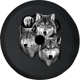 Funny Spare Tire Wheel Cover for Camper SUV Trailer Truck RV JP Thick PVC Leather | Grey Wolf Pack Black 33 Inch with Backup Camera Hole