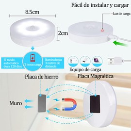 Luces con Sensor de Movimiento,4 Piezas. Luz de Noche, Luz Nocturna LED Recargable por USB con Imán, Ideal para Escaleras, Sala, Closet, Estudio, Cocina (Luz blanca)