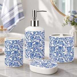 4Pcs Blue Floral Bathroom Accessories Vintage Chinoiserie Flower Ceramic Liquid Dispenser Toothbrush Holder Tumbler Soap Dish for Home Party Favors Supplies