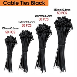 200Pcs Cable Ties Assortment - Black Zip Ties Set with 4 Sizes (100/150/200/250mm) x 3.6mm Thickness Heavy Duty Nylon Cable Ties for Wire Management, Black Cable Ties Heavy Duty Zip Ties