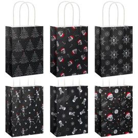 Janlaugh 24 Pcs Gothic Christmas Gift Bags with Handles 7 x 9'' Skull Skeleton Snowflake Xmas Tree Holiday Party Favors Bulk Kraft Paper Bags for Goody Candy Wrapping Dark Festive Decorations