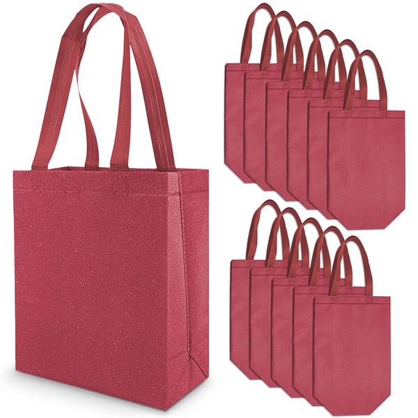 Red Gift Bags - 12 Pack Large Metallic Glitter Reusable Totes with Handles, for Valentines & Holiday Gift Wrap, Shopping, Birthday & Wedding Gifts & Favors, Small Business, Retail, in Bulk - 10x5x13