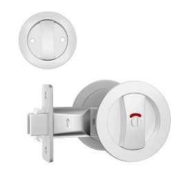 Round Pocket Door Lock with Color Coded Indicators， Brushed Nickel Flush Pocket Door Hardware Privacy Pocket Door Latch for Bed/Study/Bath Room（Fits 1 3/8” to 2 3/16” Thickness Door，2-3/8" Backset）