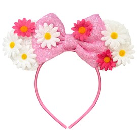 Bmobuo Daisy Mouse Ears Headband for Women, Pink & White Flower Park Ears Cute Headband