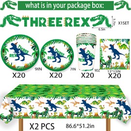 Dinosaur Birthday Party Supplies 3 Year Old Boy Three Inspired Rex Plates Napkins and Cups Banners Table Cloth Three Dino-Rex Birthday Party Decorations for Boys T-Rex 3 Rex Dinosaur Birthday Party Supplies