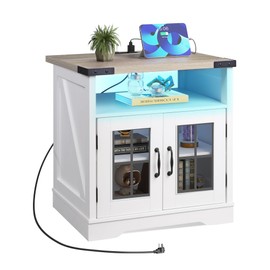 WLIVE Farmhouse End Table, Living Room Table with Charging Station, LED Farmhouse Nightstand with Adjustable Storage Shelf for Living Room, Bedroom, Office, Rustic Side Tables, Greige