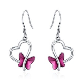 Twoowl Butterfly Earrings 925 Sterling Silver Heart Butterfly Dangle Drop Earrings with Crystal Jewelry Gifts for Women Girlfriends