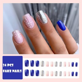 Bufenia Pack of 24 Christmas False Nails Square Snowflake Press on Nails Xmas Square Red Fake Nails Acrylic Full Cover Stick on Nails for Women and Girls (N)