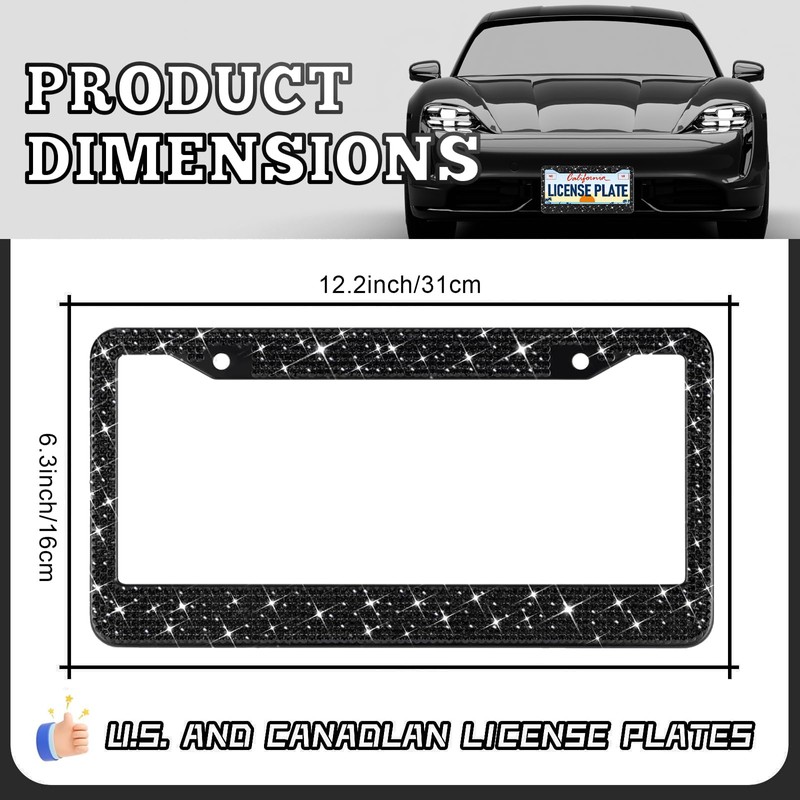 2 Pack Bling License Plate Frames, Sparkly Rhinestone Diamond Car