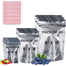 BELLE KR® Mylar Bags for Food Storage- Pack Of 100 (30 Bags 4"x6", 30 Bags 5"x8", 40 Bags 6"x9") Resealable Mylar Ziplock Bag for Packaging with 7.5mil Thickness - Stand up CLear Mylar Bags from Front with Label Stickers