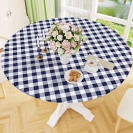 Smiry - Mantel redondo para pícnic, elástico, impermeable, de vinilo ajustable para mesas de 36"-44", cubierta de mesa a cuadros búfalo con respaldo de franela para comedor, camping, exteriores