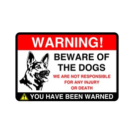 Safety First Display LTD Beware of the dogs! we are not responsible for any injury dog sign - 1.2mm Rigid plastic for indoor/outdoor usage (200mm x 150mm) Viewing Distance within 5m.