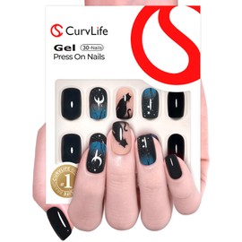 Curvlife Press on Nails Acrylic Fake Nails with Night Medium Square Design Full Cover False Nails for Women Reusable Nail Kit with Nail Glue Adhesive Tabs